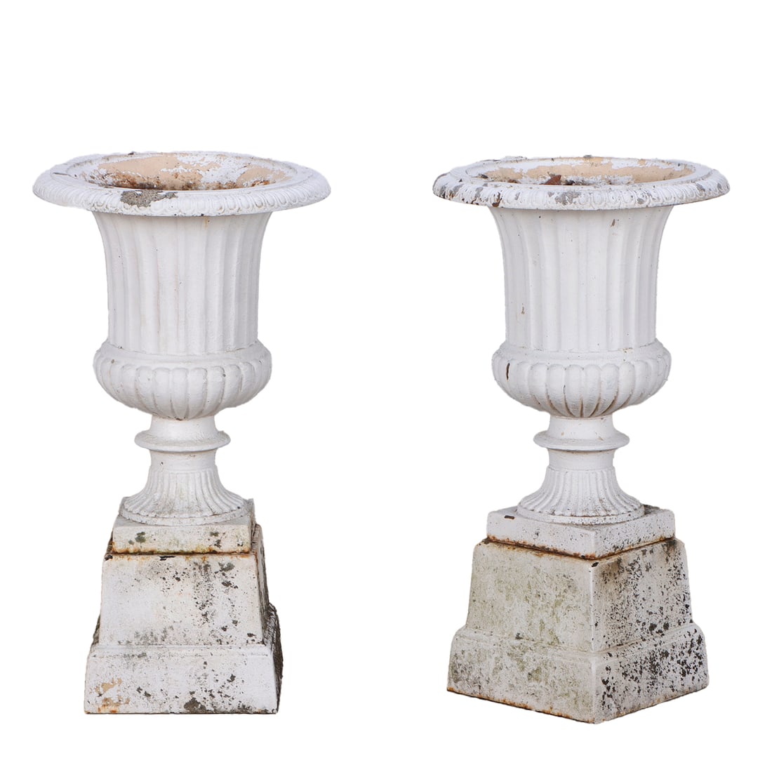 SMALL PAIR OF CAST IRON FLUTED CAMPAGNA URNS ON SEPARATE BASES. (1 of 6)