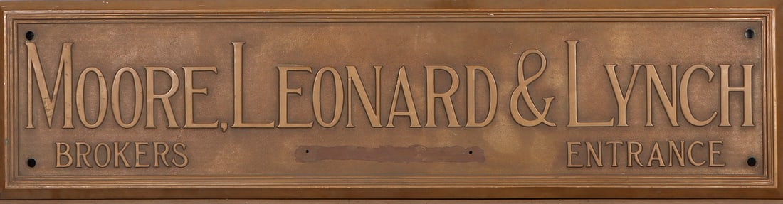 LARGE BRONZE TRADE SIGN. "MOORE LEONARD & LYNCH BROKERS ENTRANCE" (1 of 3)