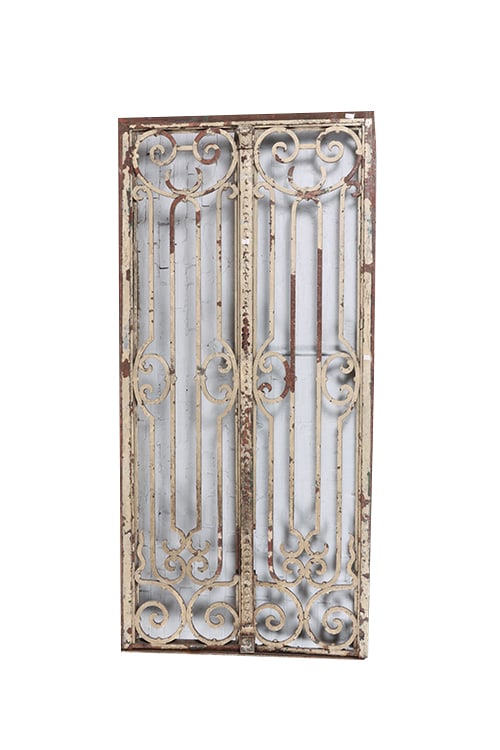 A PAIR OF PAINTED IRON GATES IN FRAME WITH SCROLL DESIGN. (1 of 10)