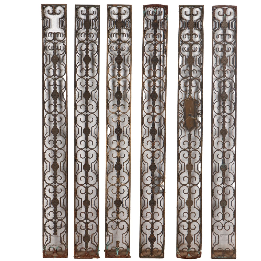 TWENTY TALL NARROW SCROLL FORM IRON PANELS C 1920. (1 of 7)
