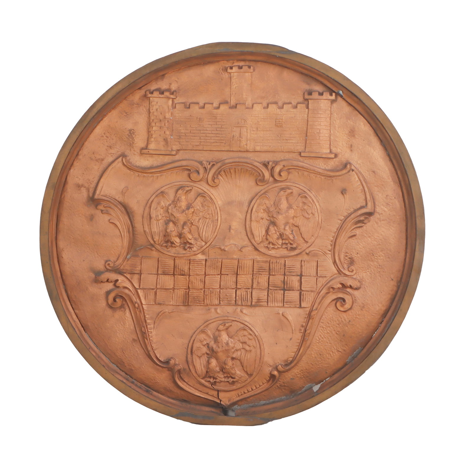 ROUND BRASS PLAQUE DEPICTING THE SEAL OF THE CITY OF PITTSBURGH C 1910.: Round brass plaque depicting the seal of the city of Pittsburgh C 1910. Ht: 40" Wd: 40"