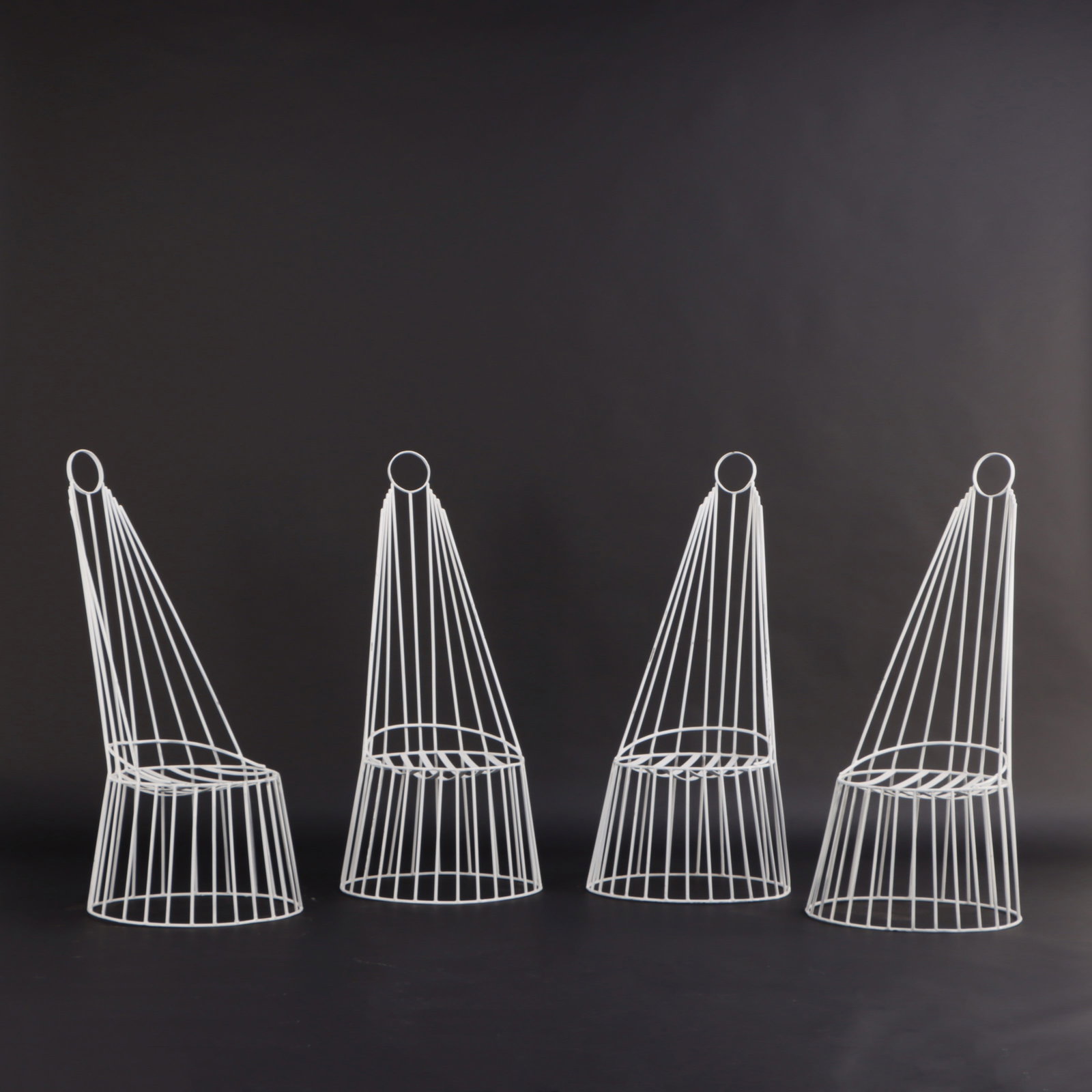 FOUR PAINTED IRON MODERNISTS "FLASH LIGHT" CHAIRS WITH ROUND SEATS. (1 of 6)