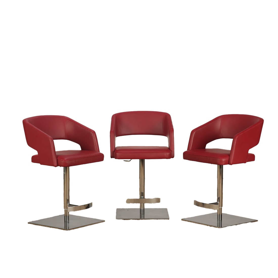 THREE RED LEATHER AND STEEL ADJUSTABLE BAR STOOLS BY POTOCCO, ITALY. (1 of 5)