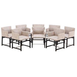 EIGHT UPHOLSTERED AND WOOD DINING ROOM CHAIRS BY MINOTTI IN A BLACK FINISH.: Eight upholstered and wood Dining room chairs by Minotti in a black finish. Ht: 31" Wd: 22" Dpth: 21.5" Seat: 18.5"