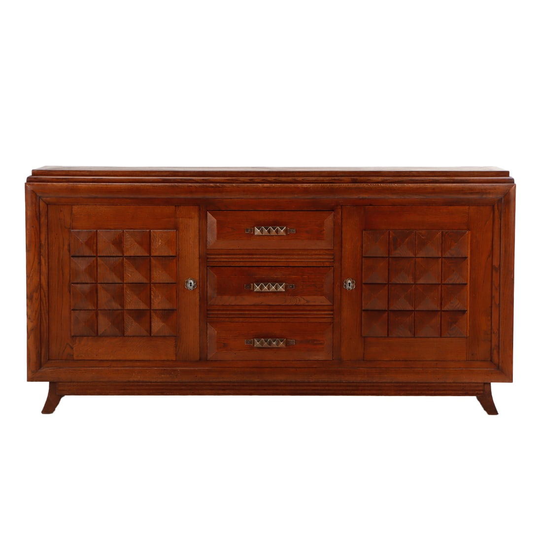 FRENCH OAK SIDEBOARD IN THE MANNER OF CHARLES DUDOUYT C 1940 HAVING TWO DOORS AND THREE DRAWERS. (1 of 5)