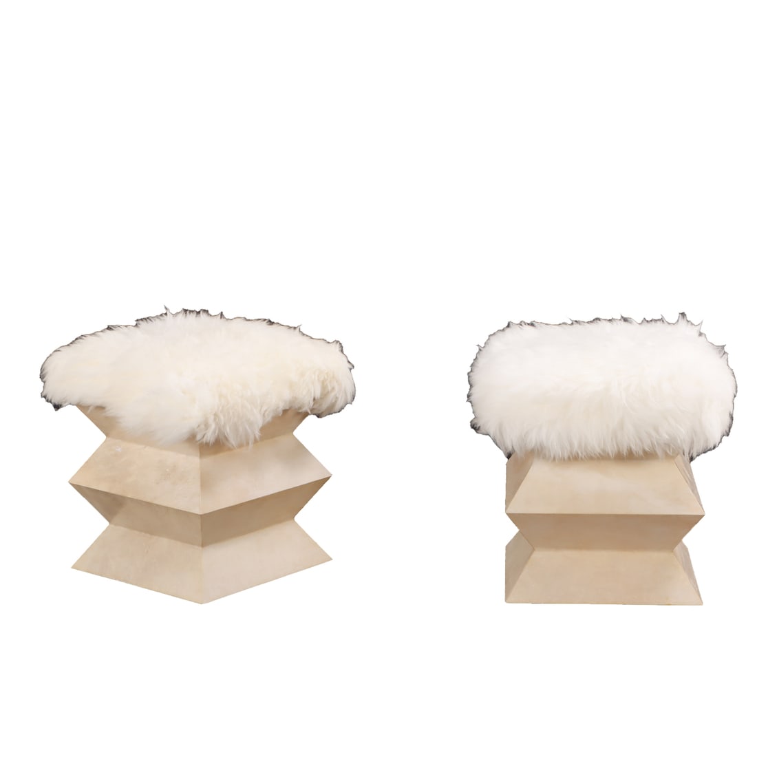 PAIR OF PARCHMENT COVERED STACKED STOOLS WITH GOAT HAIR UPHOLSTERY. (1 of 4)