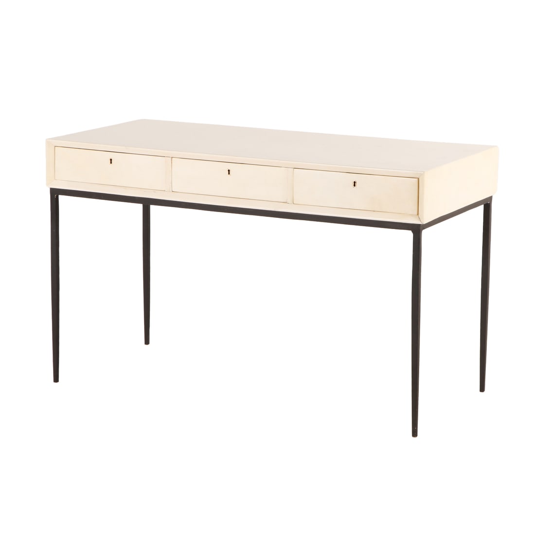 IRON AND PARCHMENT THREE DRAWER WRITING DESK C 1960 IN THE MANNER OF JEAN-MICHEL FRANK. (1 of 4)