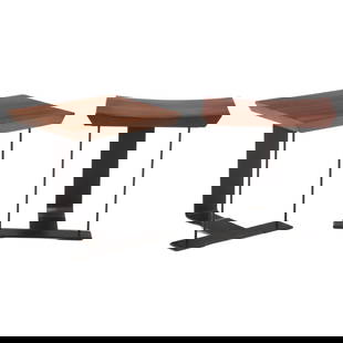 PAIR PAINTED IRON AND ROSEWOOD TABLES IN THE MANNER OF PIERRE CHAREAU: Pair painted iron and rosewood tables in the manner of Pierre Chareau H:19 W:19.5 D:16 Ht: 19.25" Wd: 19.5" Dpth: 16"