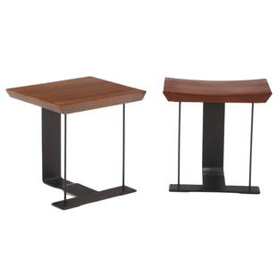 PAIR PAINTED IRON AND ROSEWOOD TABLES IN THE MANNER OF  PIERRE CHAREAU: Pair painted iron and rosewood tables in the manner of Pierre Chareau H:19 W:19.5 D:16 Ht: 19.25" Wd: 19.5" Dpth: 16"