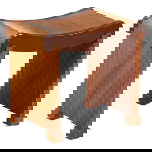 ROSEWOOD AND MAHOGANY BENCH HAVING A CURVED SEAT IN THE MANNER OF PIERRE CHAREAU.: Rosewood and mahogany bench having a curved seat in the manner of Pierre Chareau. Ht: 18.25" Wd: 20" Dpth: 14"