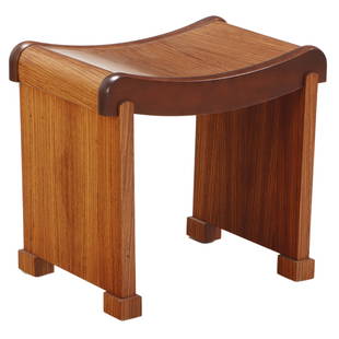 ROSEWOOD AND MAHOGANY BENCH HAVING A CURVED SEAT IN THE MANNER OF PIERRE CHAREAU.: Rosewood and mahogany bench having a curved seat in the manner of Pierre Chareau. Ht: 18.25" Wd: 20" Dpth: 14"