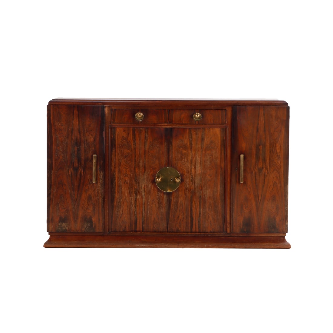 FRENCH ART DECO ROSEWOOD BRONZE MOUNTED SIDEBOARD C 1940 HAVING EXOTIC WOOD GRAIN.: French Art Deco rosewood bronze mounted sideboard C 1940 having exotic wood grain. Ht: 41.25" Wd: 69.25" Dpth: 22.75"