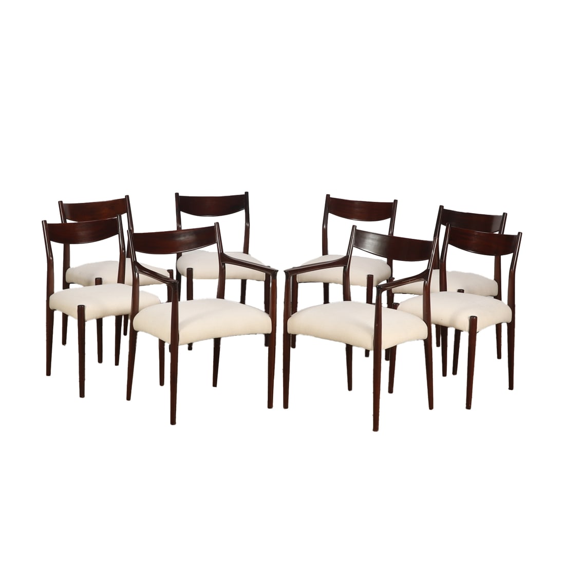 EIGHT DANISH STYLE MAHOGANY DINING CHAIRS C 1955 HAVING NEWLY UPHOLSTERED SEATS. (1 of 6)