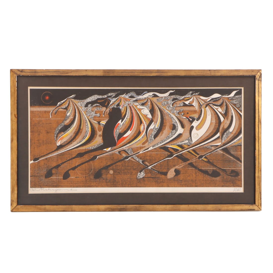 TADASHI NAKAYAMA WOODBLOCK PRINT OF RUNNING HORSES SIGNED T. NAKAYAMA, C 1969 (1 of 5)