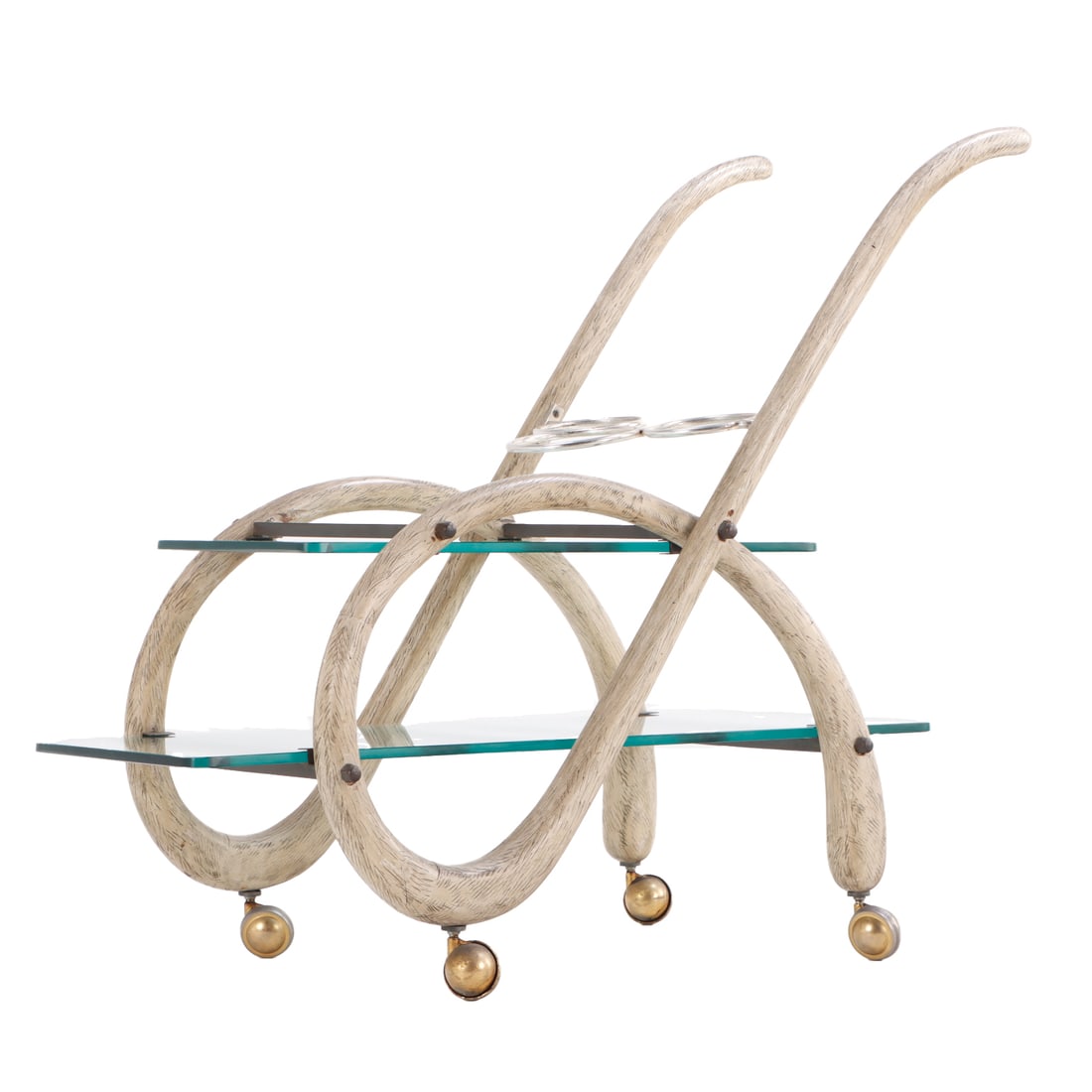 ITALIAN BAR CART BY ICO PARISI HAVING BRONZE MOUNTS, GLASS SHELVES  AND METAL BOTTLE HOLDER C (1 of 4)