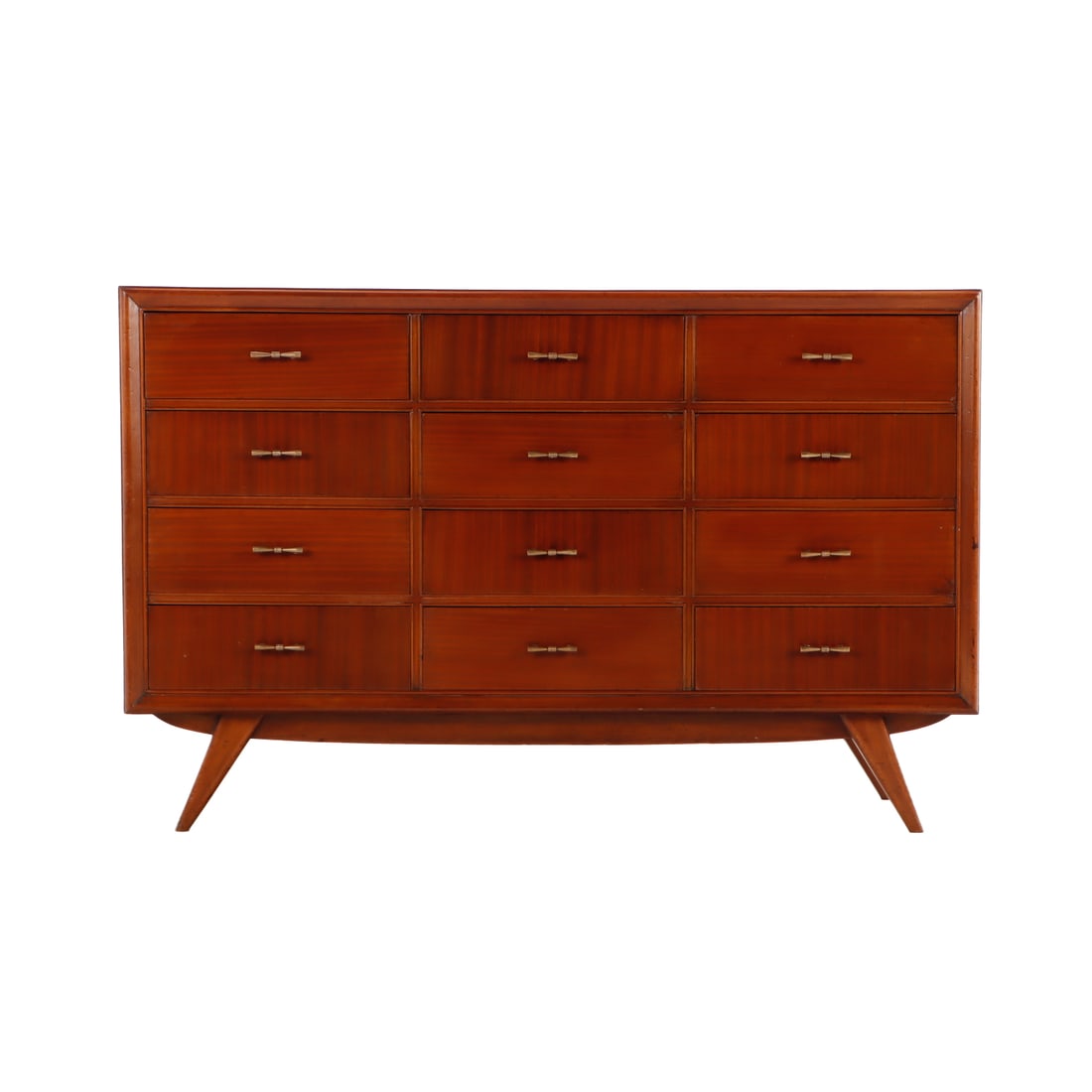 SPLAY LEG MAHOGANY TWELVE DRAWER DRESSER IN THE MANNER OF GIO PONTI HAVING A PATCHWORK TOP C 1960.: Splay leg mahogany twelve drawer dresser in the manner of Gio Ponti having a patchwork top C 1960. Ht: 35" Wd: 55" Dpth: 20"