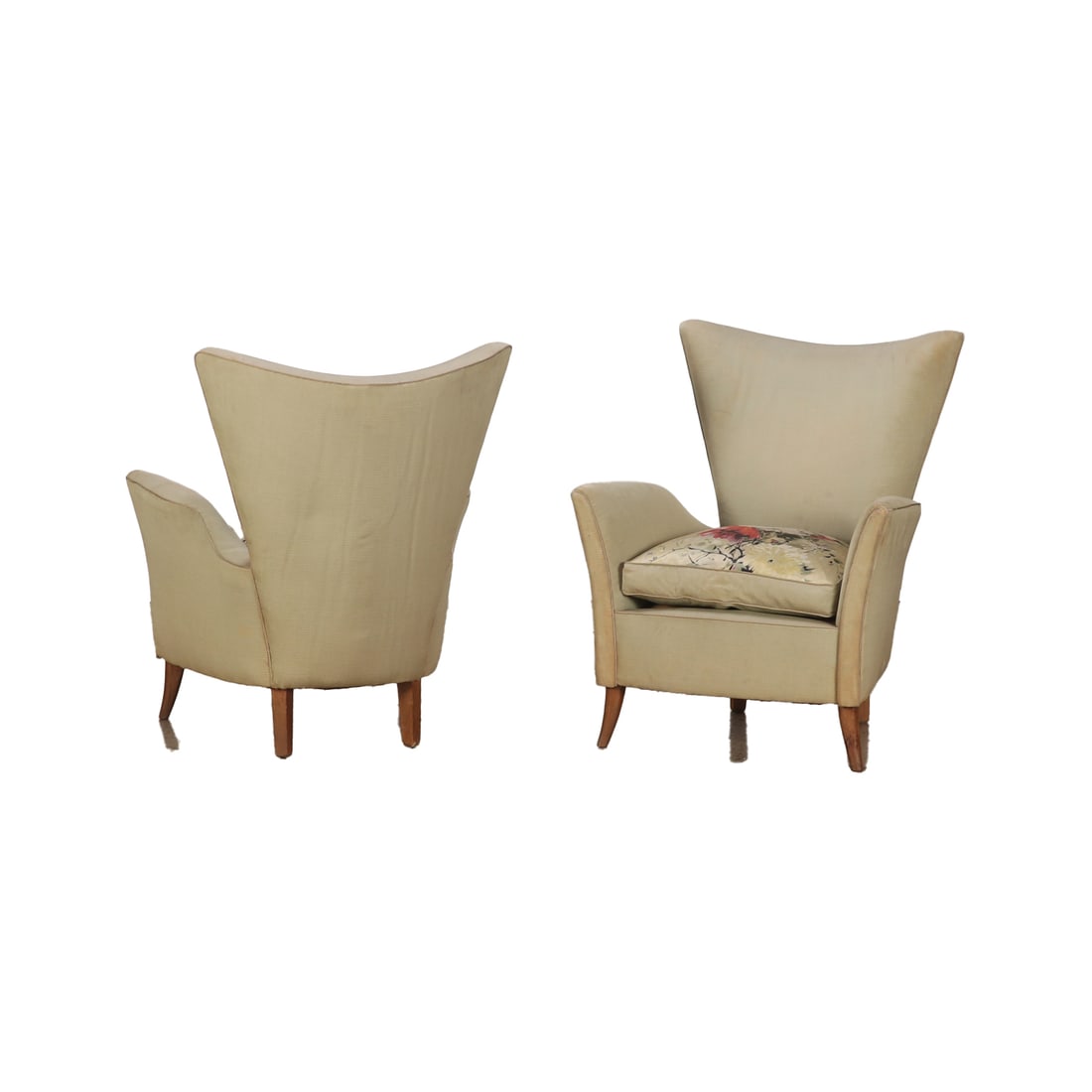 PAIR UPHOLSTERED LOUNGE CHAIRS WITH SHAPED FRAMES AND LOOSE CUSHION UPHOLSTERY BY PAOLO BUFFA C (1 of 6)