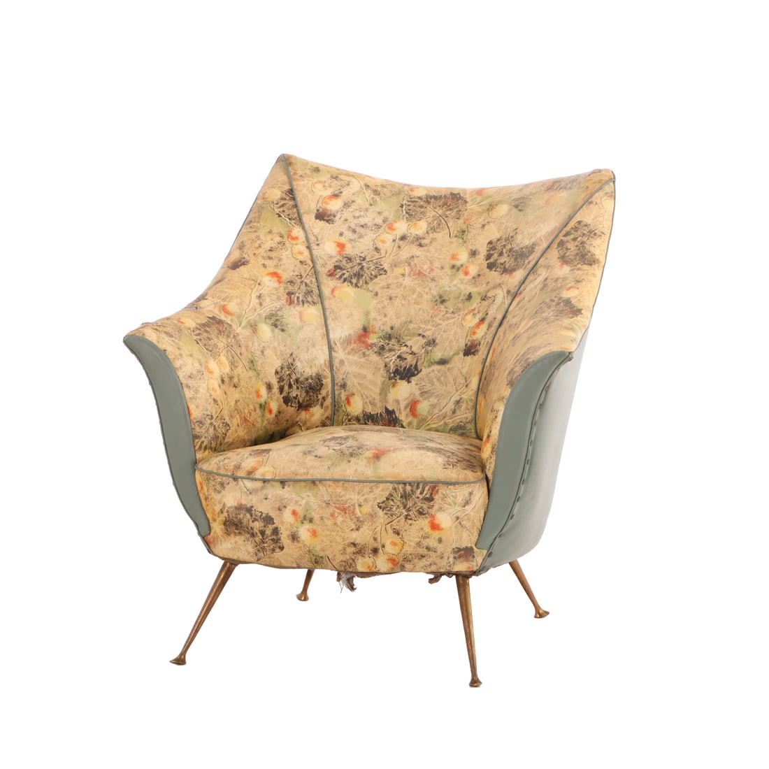 ITALIAN LOUNGE CHAIR WITH BRASS LEGS C 1950.: Italian lounge chair with brass legs C 1950. Ht: 28" Wd: 30" Dpth: 29.5" Seat: 13.5"