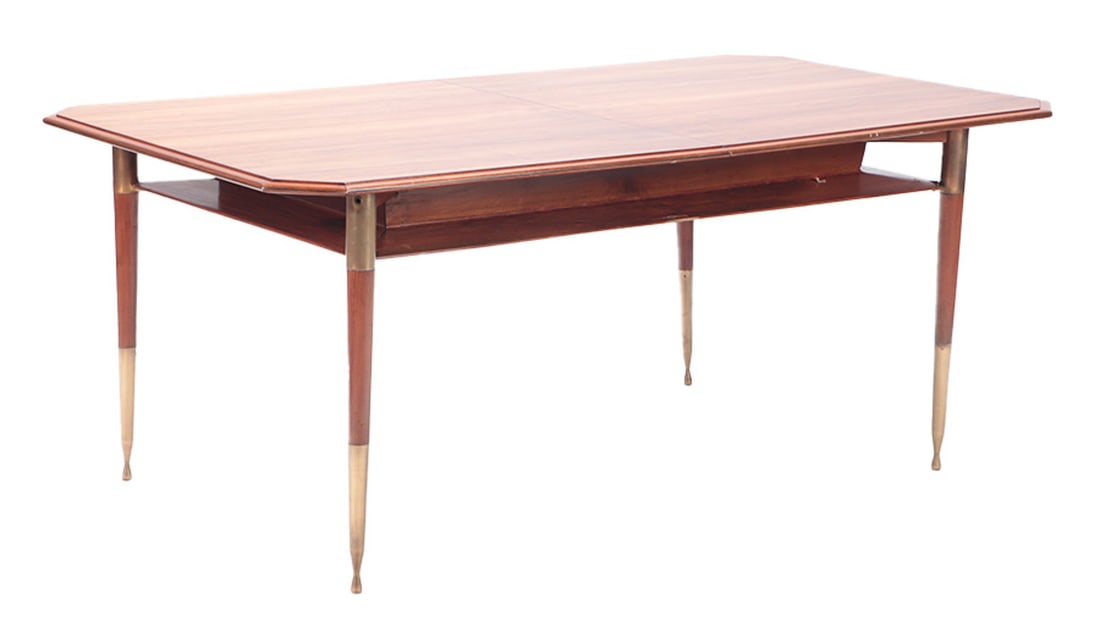 BRONZE MOUNTED WALNUT WRITING TABLE WITH HIDDEN LE: Bronze mounted walnut writing table with hidden leaf C 1960. Dimensions: Ht: 28.75" Wd: 71.5" Dpth: 39.5" Table extends to 89.25" with the addition of one 18.25" leaf