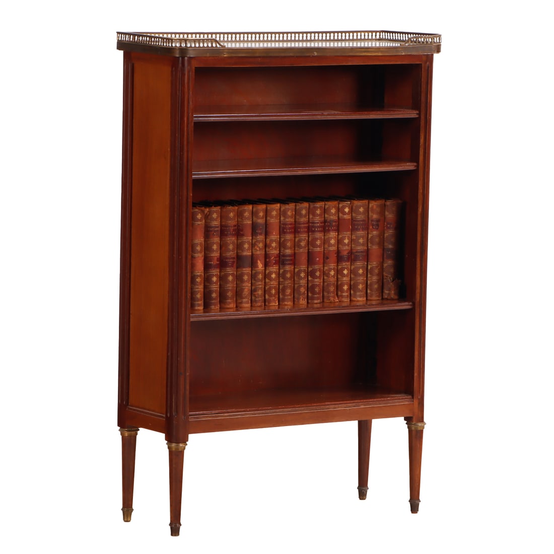 FRENCH LOUIS XVI STYLE OPEN MARBLE TOP BOOKCASE HAVING ADJUSTABLE SHELVING C 1940. (1 of 4)