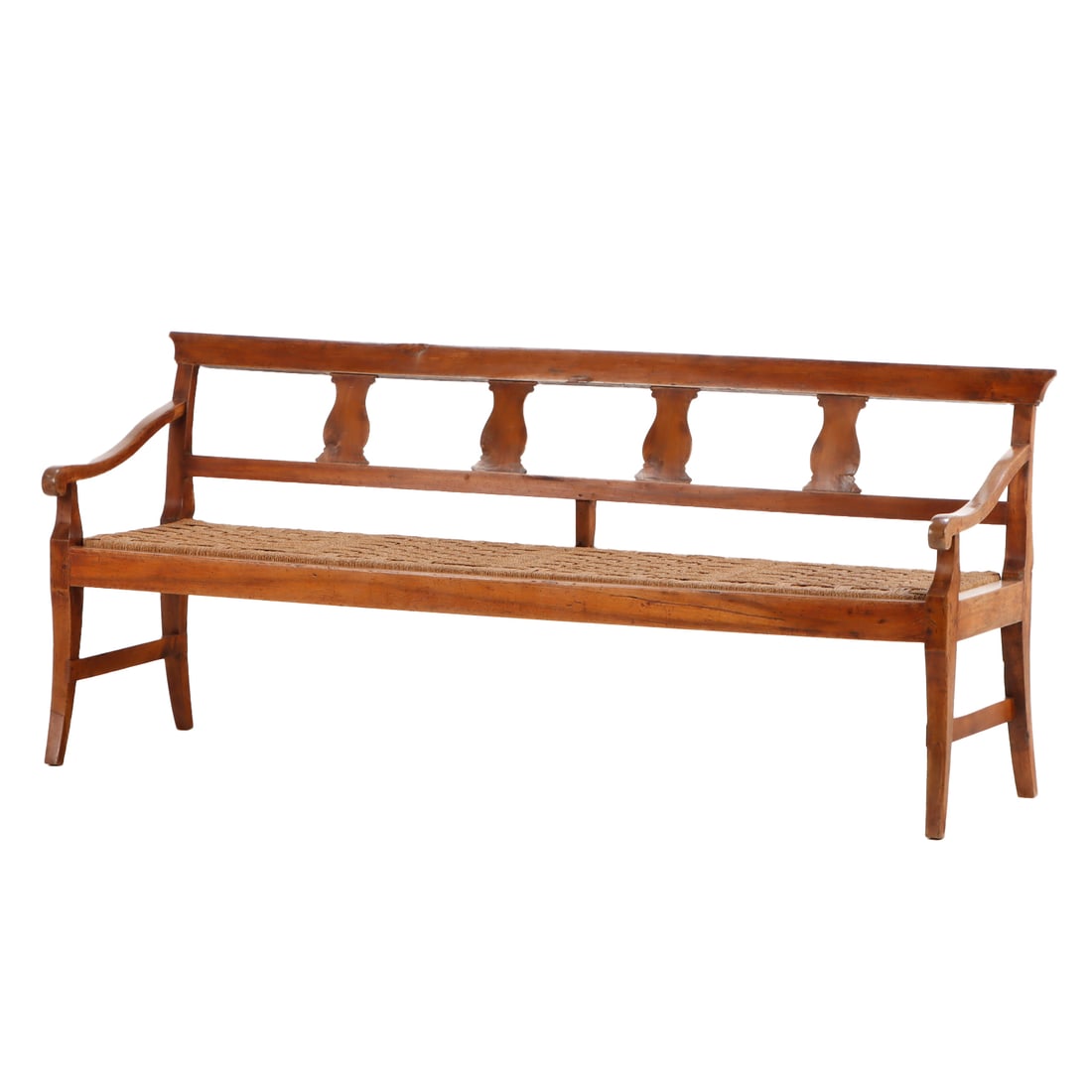 NINETEENTH CENTURY ITALIAN WALNUT HALL BENCH WITH CORD SEAT AND OPEN ARMS. (1 of 5)