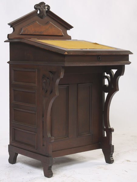 VICTORIAN WALNUT BURL DAVENPORT DESK: A nice Victorian walnut and walnut burl davenport desk having four drawers on one side with carved foliate handles circa 1880. Ht: 42" Width: 22" Depth: 24"