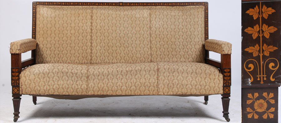 ANTIQUE HERTER BROS. ROSEWOOD VICTORIAN SOFA: Herter Brothers (attributed) Aesthetic Movement rosewood sofa having elaborate floral inlay with carved side seat rails circa 1880. Ht: 40" Width: 69" Depth: 29"