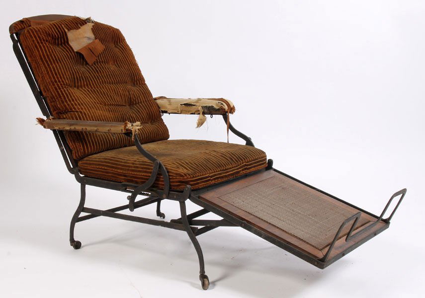 AMER VICTORIAN LABELED MECHANICAL LOUNGE CHAIR: A very good American Victorian labeled "Marks Chair Company, New York Pat. Date 1876" wrought iron mechanical campaign lounge chair. Having remnants of original paint decoration. Ht: 38" Width: 28" De