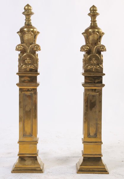 GOTHIC STYLE BRONZE FIREPLACE ANDIRONS: Gothic style bronze andirons. Kamelot Auction House is selling this lot without reserve by order of the United States Bankruptcy Court for District of Montana Case No: 09-60452-7 regarding the Proof o