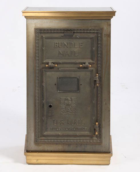 VINTAGE BRONZE CAST IRON POSTAL BOX: A good vintage commercial size Cutler bronze and cast iron postal box having a drop down bundle mail door and US Post door. Ht: 40" Width: 29.5" Depth: 13.25"