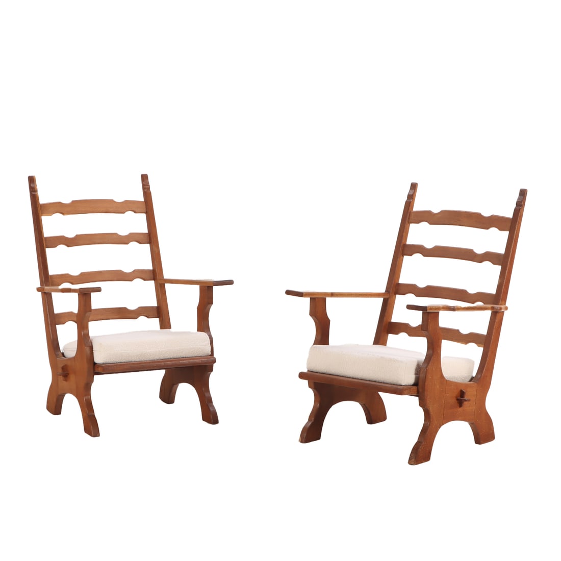 PAIR FRENCH OAK BRUTALIST ARM CHAIRS WITH NEW CUSHIONS C 1960. (1 of 6)