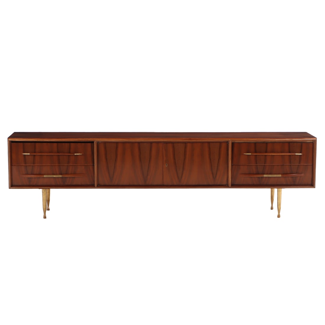 LONG LOW FIGURED WALNUT CREDENZA C 1960. THE CASE HAVING FOUR DRAWERS AND TWO DOORS RESTING ON BRASS (1 of 5)