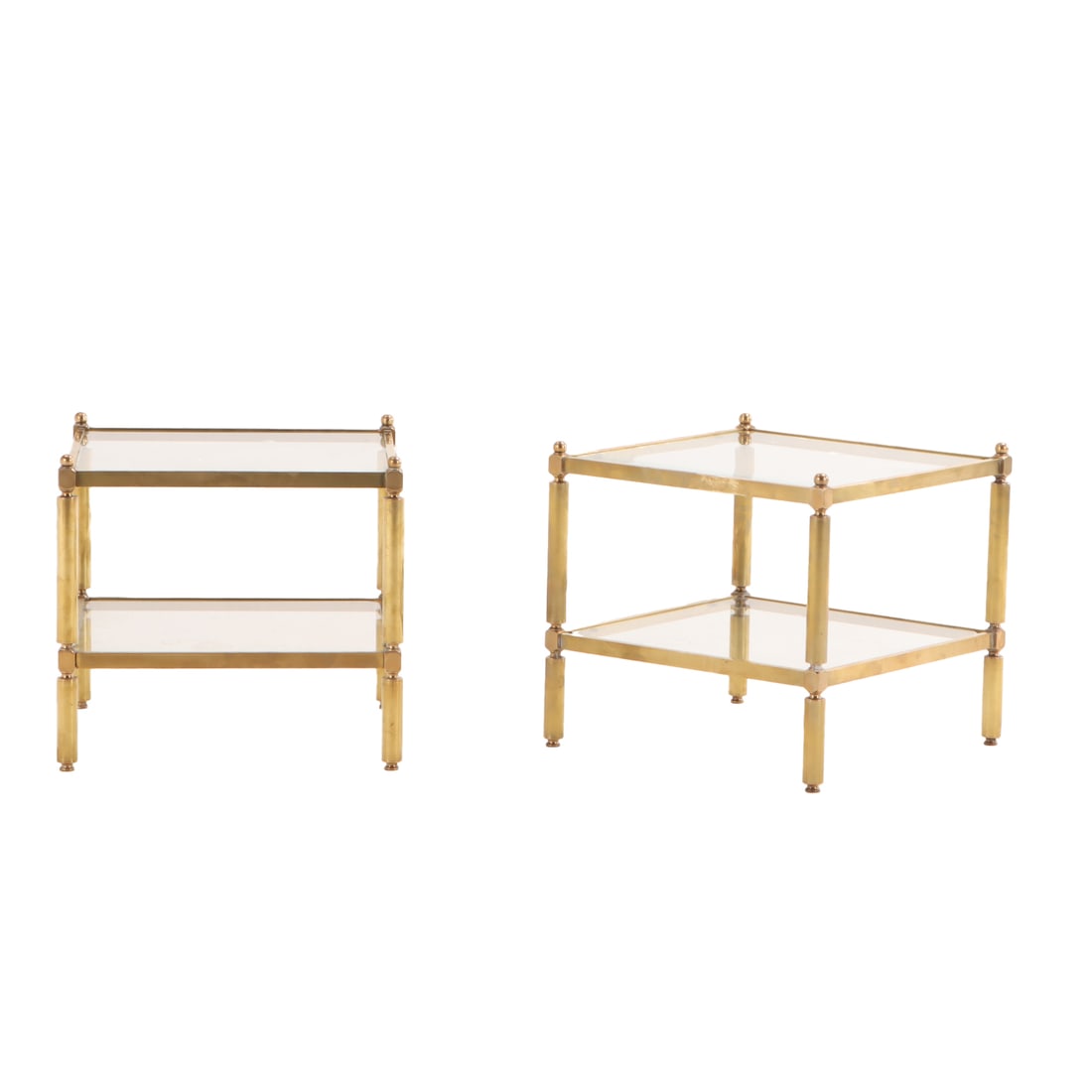 PAIR BRASS AND GLASS TWO TIER END TABLES C 1970. (1 of 5)