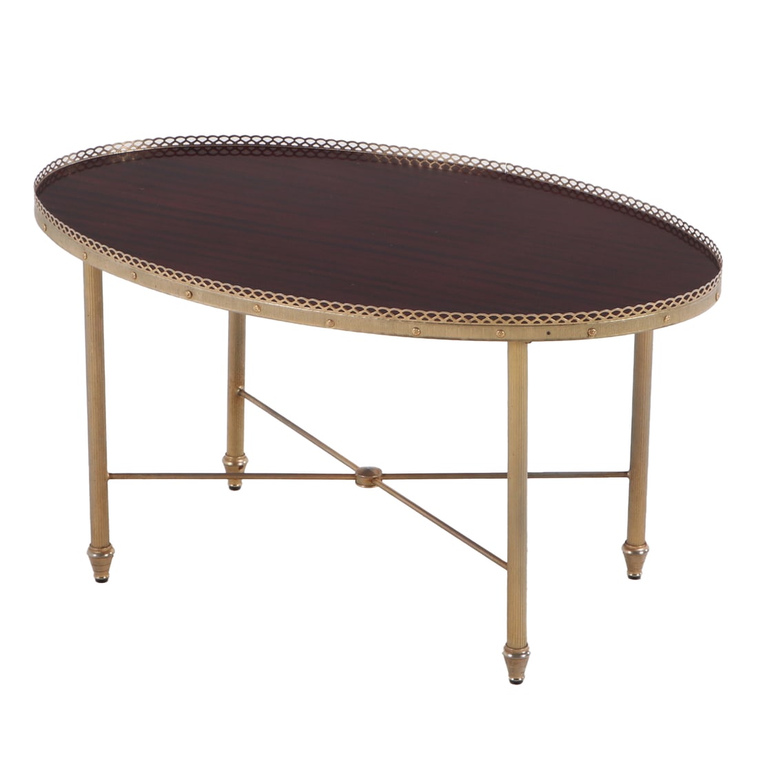 FRENCH OVAL NEO-CLASSICAL STYLE BRASS AND MAHOGANY COFFEE TABLE C 1960. (1 of 4)