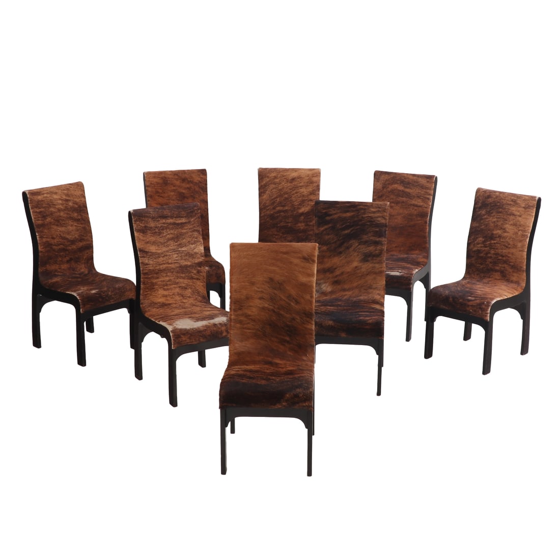 EIGHT EBONIZED WOOD DINING CHAIRS COVERED IN COW HIDE. (1 of 4)