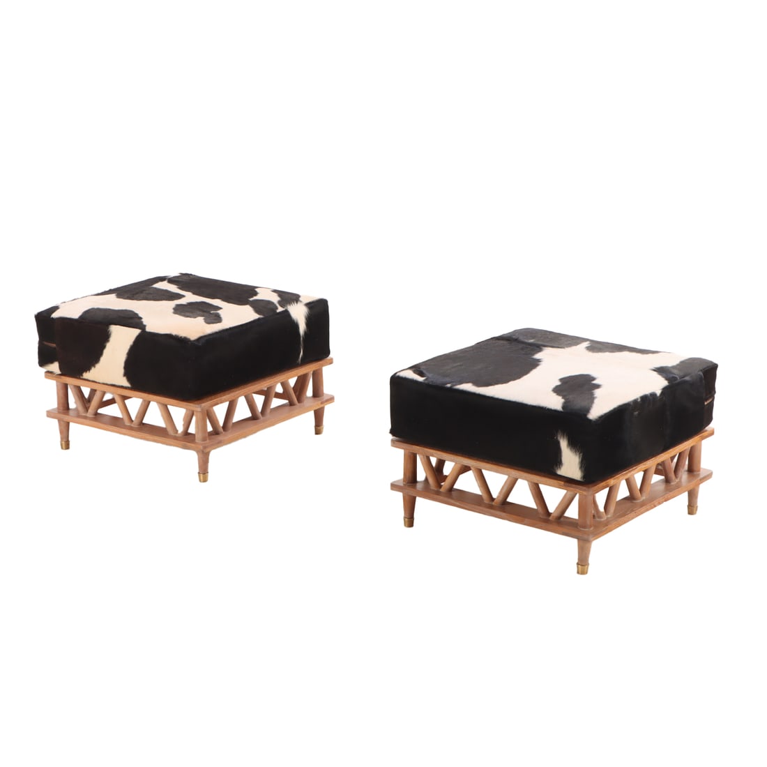 PAIR CERUSED OAK AND COWHIDE OTTOMANS WITH SPINDLE DESIGN. (1 of 5)