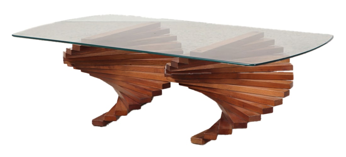 STACKED MAHOGANY DOUBLE PEDESTAL GLASS TOP COFFEE TABLE. (1 of 5)
