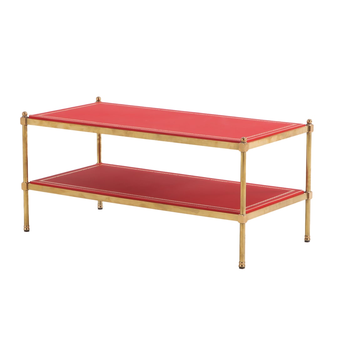 BRASS AND RED LEATHER TWO TIER COFFEE TABLE IN THE MANNER OF JANSEN C 1960 (1 of 4)