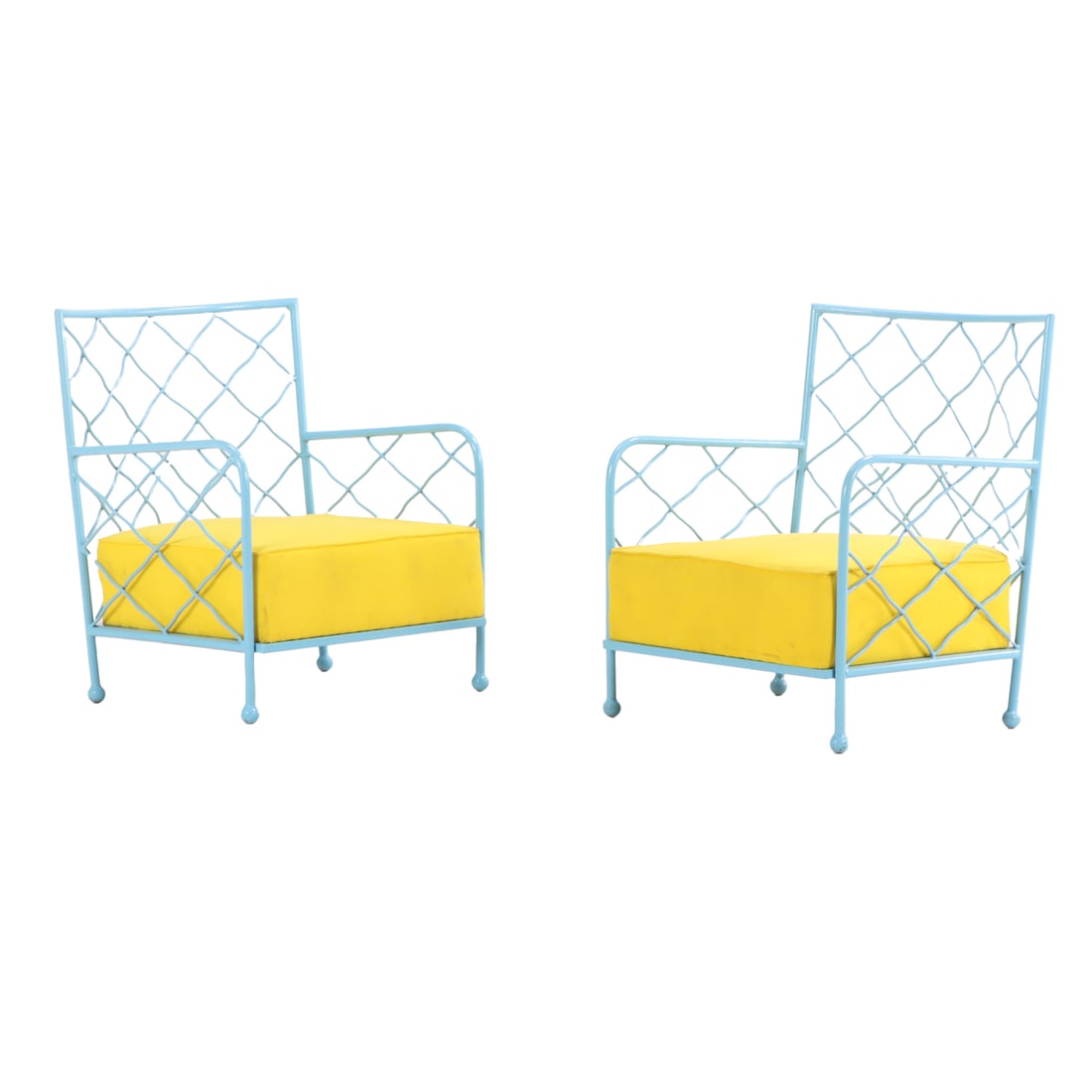 PAIR PAINTED IRON OVERSIZED ARM CHAIRS WITH LOOSE CUSHION SEATS IN THE MANNER OF JEAN ROYERE. (1 of 4)