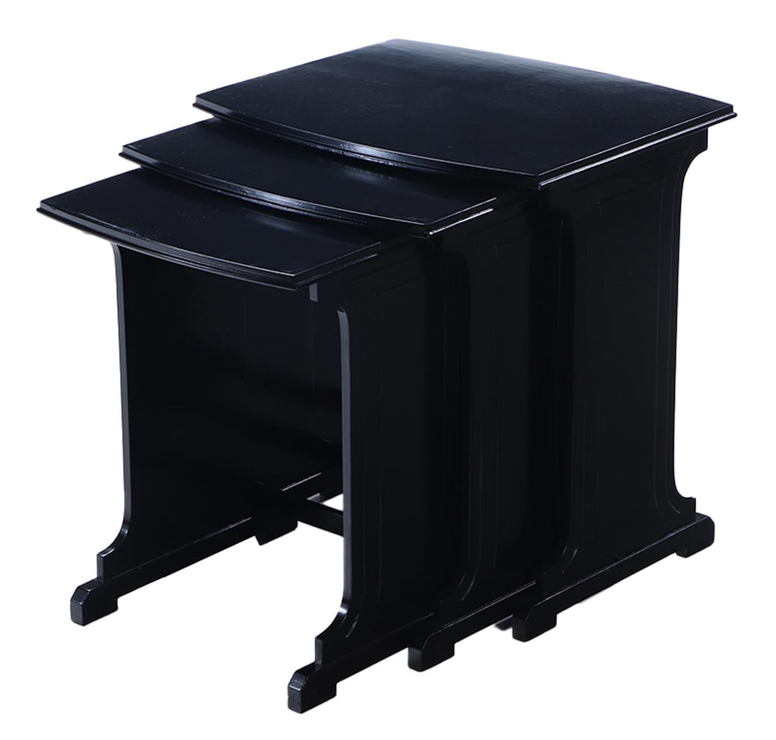 EBONIZED WOOD NEST OF THREE TABLES IN THE MANNER OF ANDRE ARBUS C 1945: Ebonized wood nest of three tables in the manner of Andre Arbus C 1945. Ht: 21" Wd: 20" Dpth: 16.5"