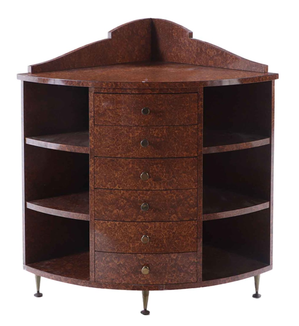 ART DECO STYLE CORNER CABINET HAVING SIX DRAWERS SHAPED BACK SPLASH (1 of 5)