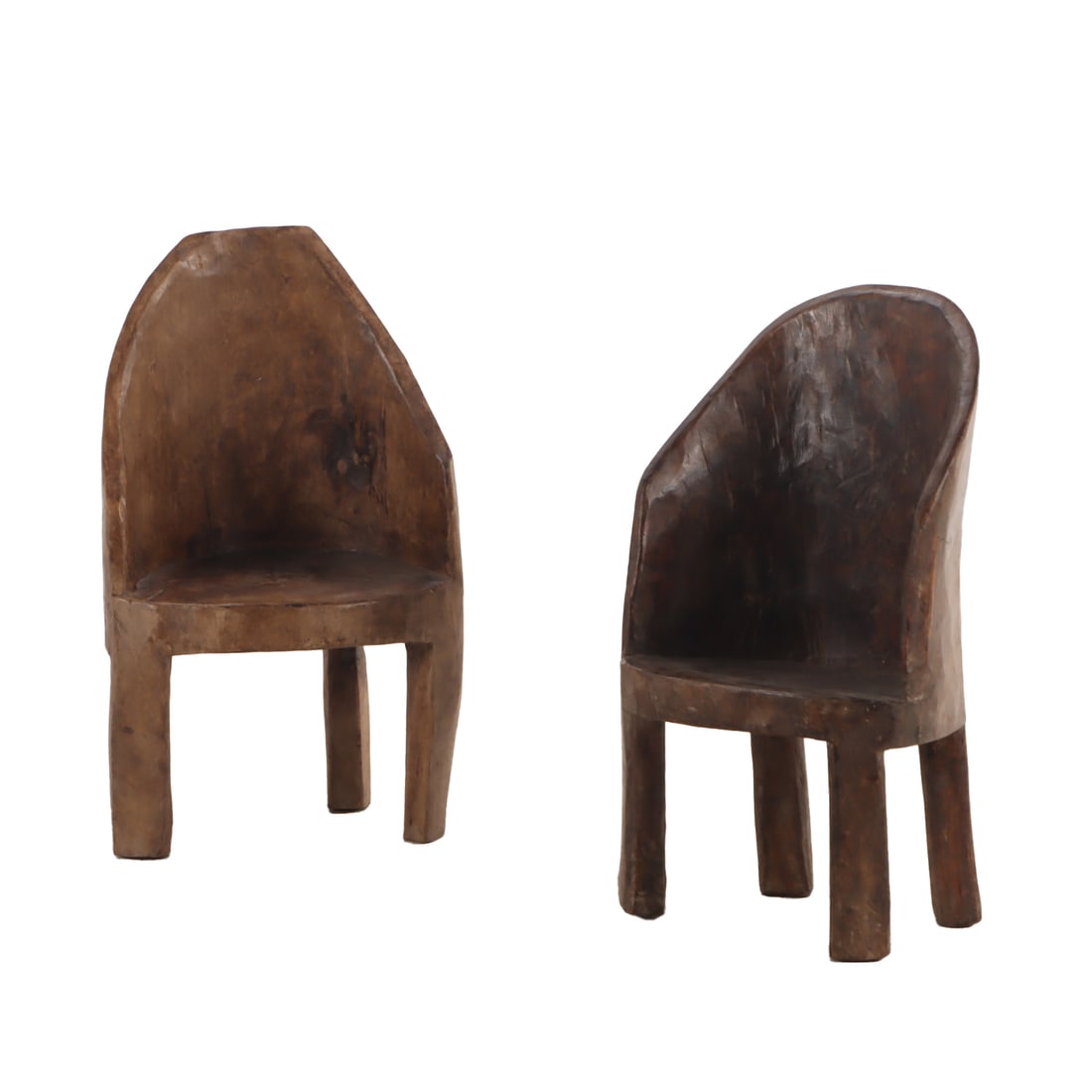 PAIR OF HAND CARVED NAGA CHAIRS MADE FROM THE JUNGLES OF NAGALAND, NORTH EAST INDIA: Pair of hand carved Naga chairs made from the jungles of Nagaland, North East India Ht: 30" Wd: 17.5" Dpth: 13" Seat: 19"