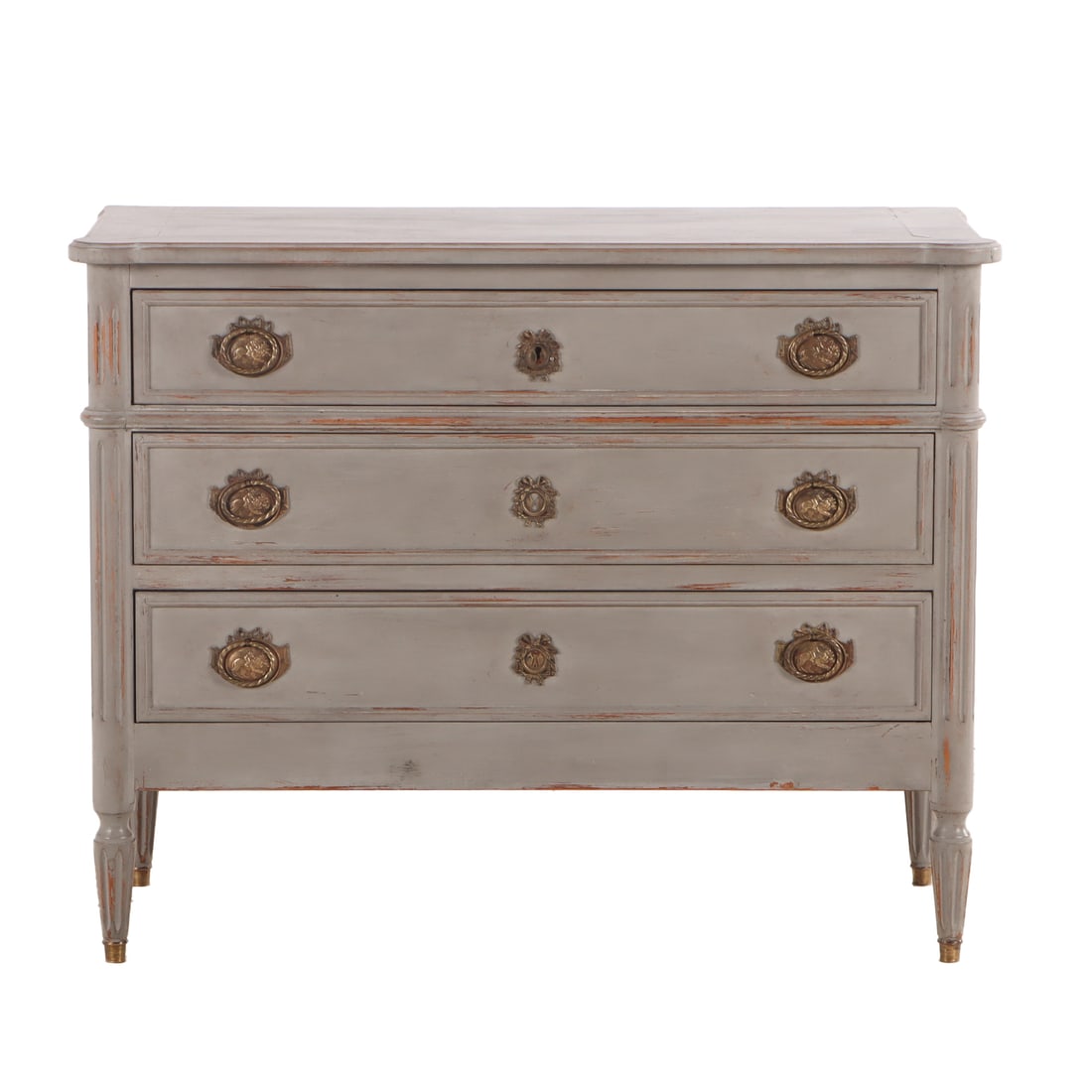 FRENCH PAINTED GREY LOUIS XVI STYLE THREE DRAWER DRESSER WITH BRASS HARDWARE C 1940. (1 of 5)