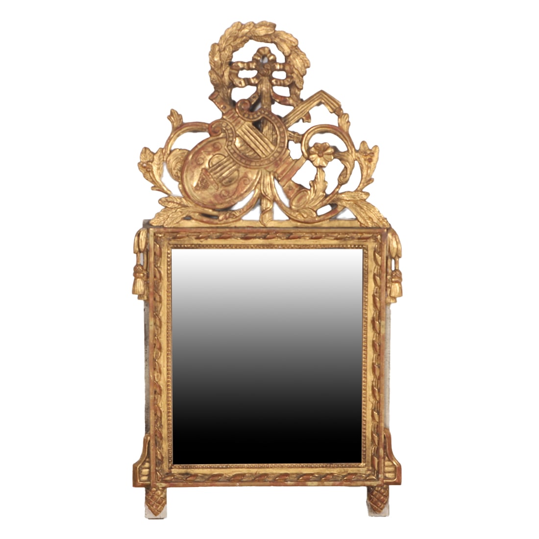 FRENCH CARVED AND GILTWOOD MIRROR C 1820 HAVING CARVED MUSICAL INSTRUMENTS. (1 of 4)
