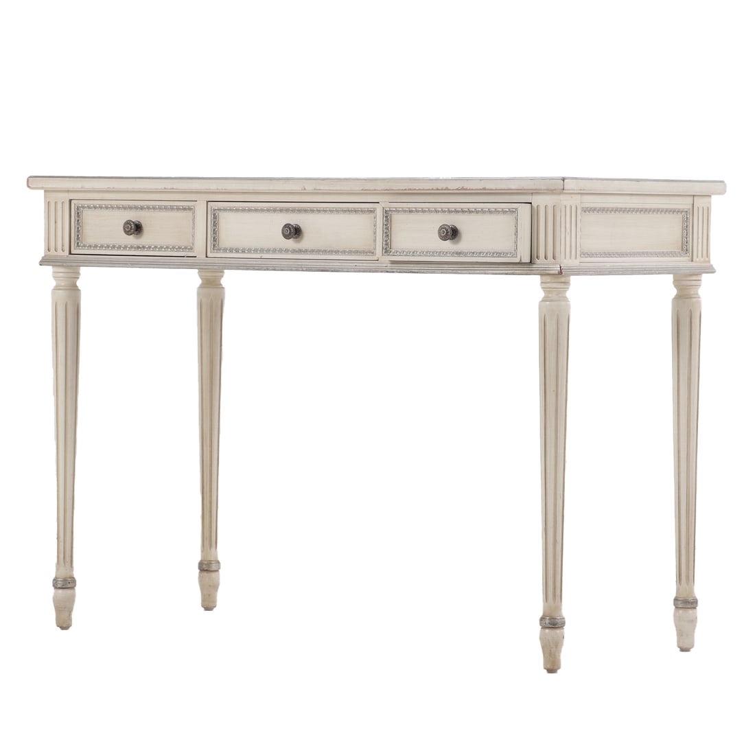 FRENCH PAINTED LOUIS XVI STYLE THREE DRAWER WRITING DESK C 1950.: French painted Louis XVI style three drawer writing desk C 1950. Ht: 31" Wd: 43.5" Dpth: 19.75"
