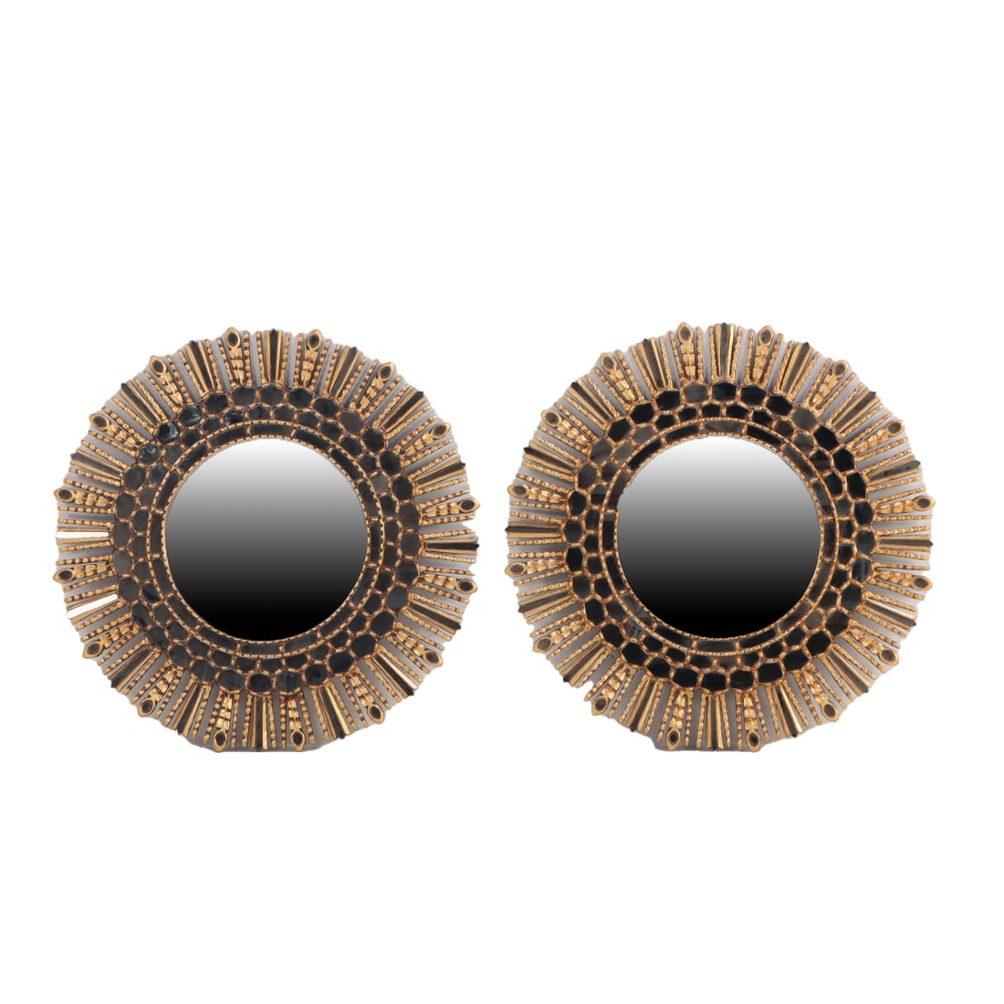 PAIR OF GILTWOOD STARBURST MIRRORS.: Pair of giltwood starburst mirrors. Dia: 30"