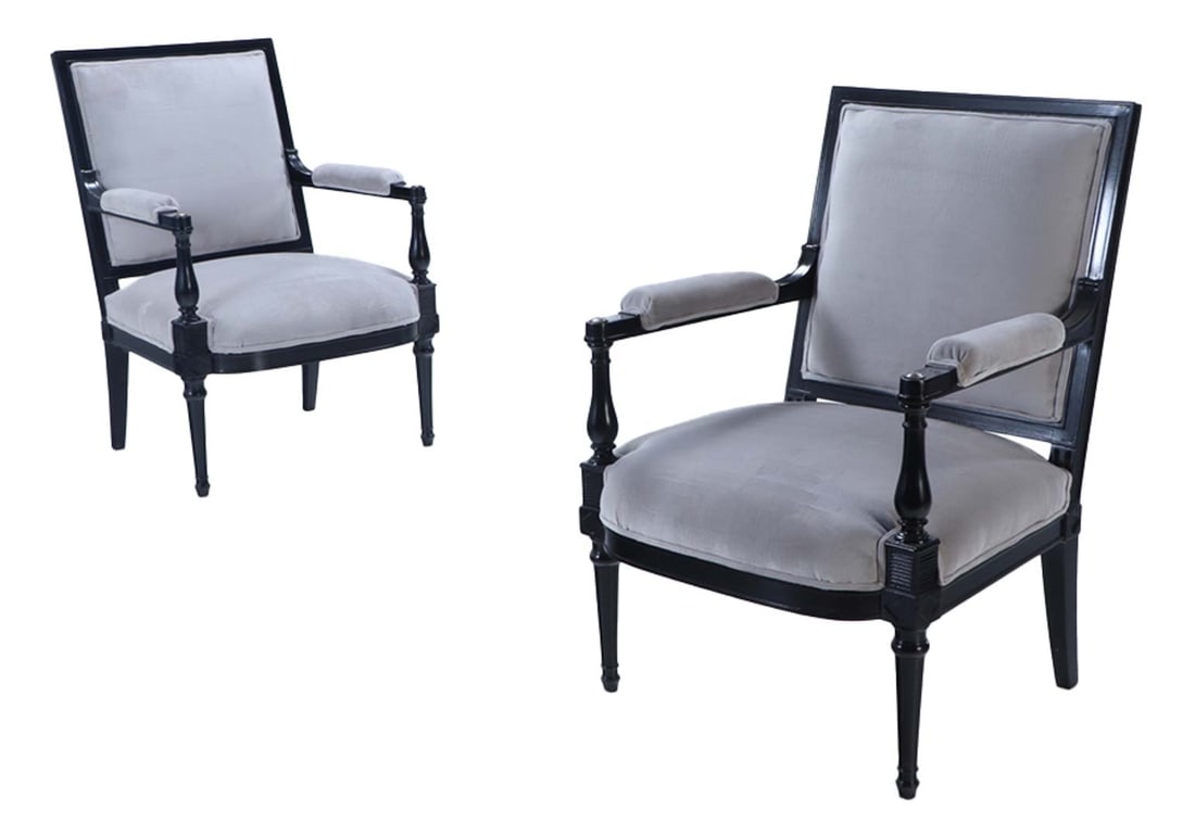 PAIR EBONIZED DIRECTOIRE STYLE OPEN ARM CHAIRS WITH NEW FABRIC C 1940. (1 of 7)