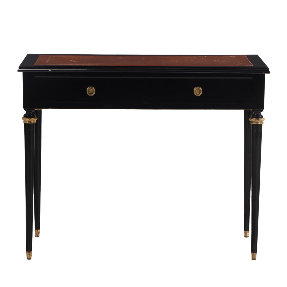 A PETITE EBONIZED MAHOGANY LEATHER TOP TWO DRAWER WRITING DESK IN THE LOUIS XVI STYLE WITH BRONZE (1 of 5)