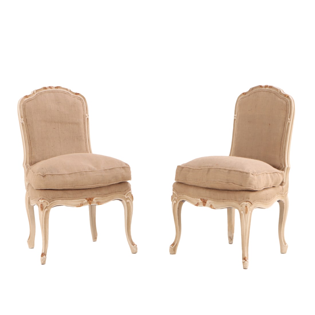 PAIR OF PAINTED AND GILT LOUIS XV STYLE SIDE CHAIRS C 1930 WITH RECENT BURLAP LIKE FABRIC.: Pair of painted and gilt Louis XV style side chairs C 1930 with recent burlap like fabric. Ht: 34.25" Wd: 21" Dpth: 19" Seat: 20"
