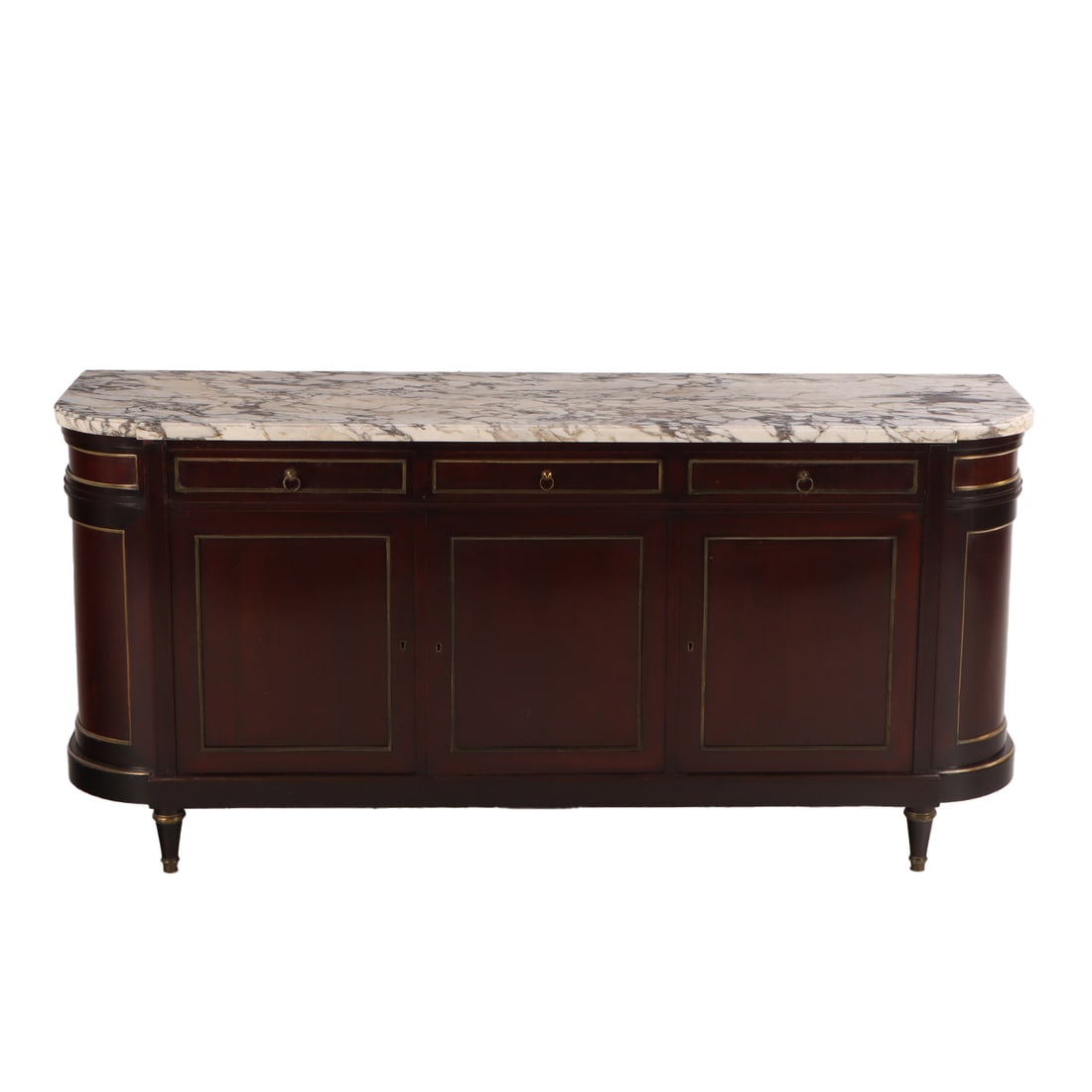 MAHOGANY BRONZE MOUNTED MARBLE TOP SIDEBOARD  IN THE LOUIS XVI STYLE C 1940 HAVING THREE DRAWERS (1 of 5)